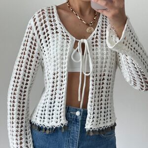 Crochet Cardigan Top Womens S/M White Boho Cottage Festival Coachella Cowgirl